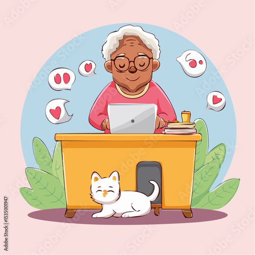 Cute Elderly People Using Digital Technology with Their Pets.