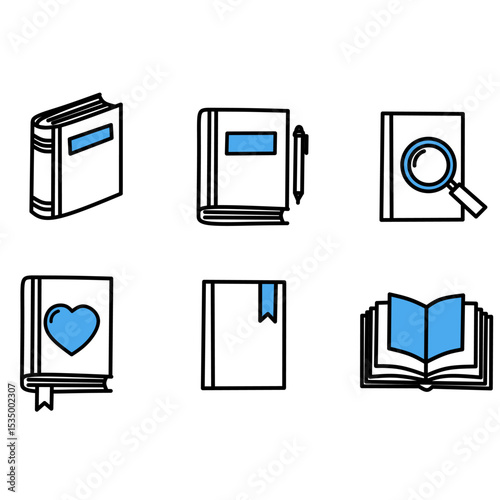 collection of flat-style book icons featuring different book types and elements like bookmarks, magnifying glass, and heart symbols. Ideal for school materials, digital libraries, educational websites