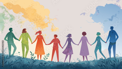 Diverse Watercolor Human Silhouettes Holding Hands in Unity – Symbolizing Solidarity & Peaceful Collective Action (Copy Space)