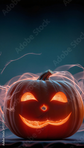 A glowing jack o'-lantern with swirling light effects against a dark background.