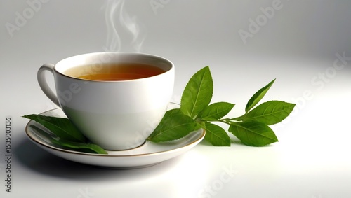 Elegant Tea Time - Green Leaves & White Background Design