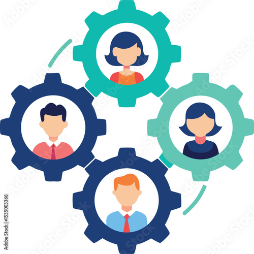 Flat Design Office Team Inside Rotating Gears Process