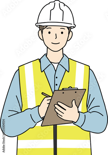 Vector illustration of construction site inspector or engineer wearing safety helmet and vest, holding clipboard, performing inspection, planning, checklist task on white background