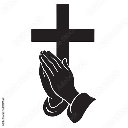 Golden crucifix, a spiritual symbol of faith and religion, in praying hands