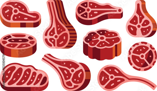 A collection of various raw meat cuts, including steaks and chops, is presented in a clean, flat illustration style. 
