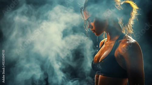 Intense workout in a haze: A determined woman pauses to catch her breath amidst the swirling mist after an invigorating workout, emphasizing both her inner strength and exterior beauty.