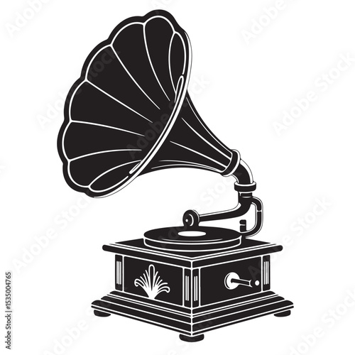 An antique wooden gramophone with a brass horn, an isolated vintage record player for nostalgic music listening