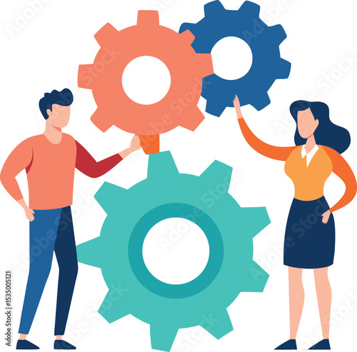 Office Team Standing In Gears Working Together