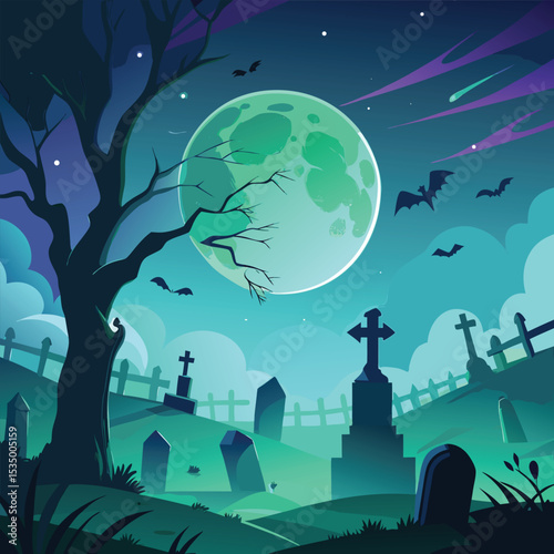 Spooky Graveyard Digital Painting Illustration of a Haunted Cemetery at Night