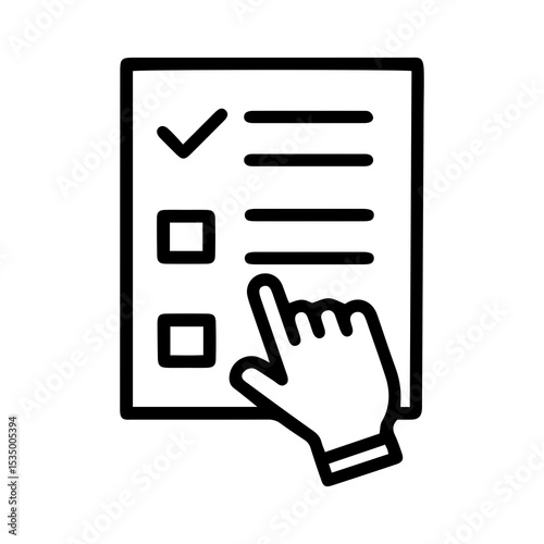 Outline style image depicts a document or checklist with one item marked as complete and a human hand cursor hovering over an uncompleted item, symbolizing interaction with a task list management