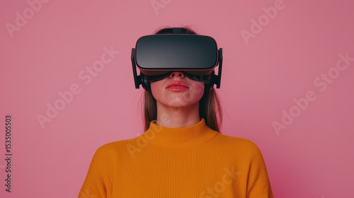 Young Woman with Virtual Reality Headset on Pink Background Experiencing Immersive Technology and Future Innovation