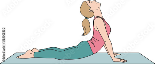 Young woman practicing yoga cobra pose on mat, stretching body for flexibility, fitness exercise, wellness routine, healthy lifestyle concept in flat vector illustration style
