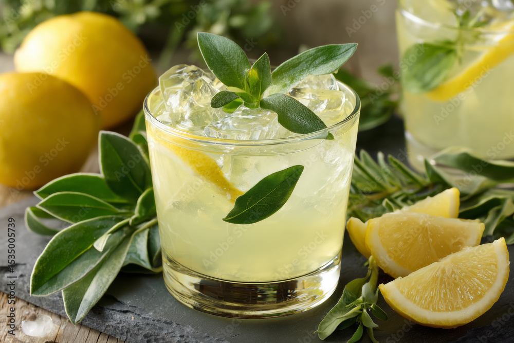 Iced Lemon Herbal Drink with Fresh Sage and Lemon Slices Iced Lemon Herbal Drink with Fresh Sage and Lemon Slices