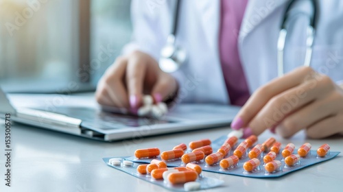 Healthcare Professional Analyzing Medication Dosages and Records in a Bright Medical Office Environment