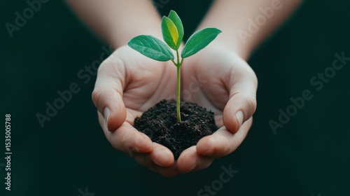 Hands Holding a Young Green Plant in Soil Symbolizing Growth, Nature, and Environmental Care