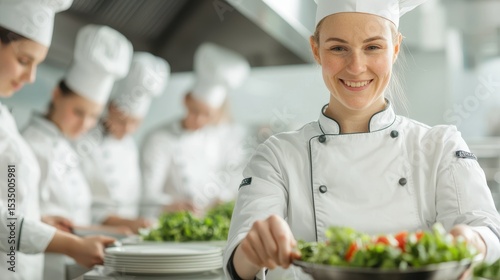 Professional Chef Preparing Fresh Salad in Modern Kitchen with Cooking Team Working in Background