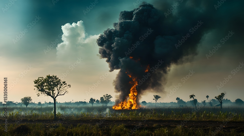 Fototapeta premium A large wildfire blazes in a field, billowing smoke into the sky.