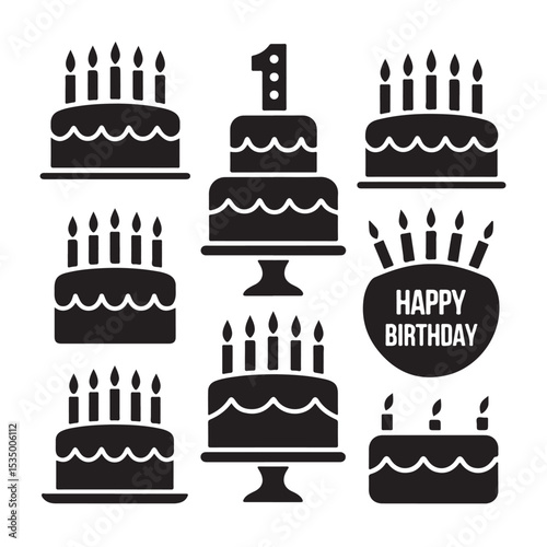 A festive vector illustration of birthday cake icons and sweet dessert cupcakes with lit candles, perfect for any happy celebration party