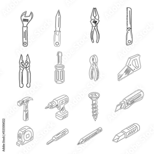 set of tools for construction. A collection of hand tools and power tools. Vector icon set of workshop tools, hand tools, power tools, and safety gear. Set of tools for repair.