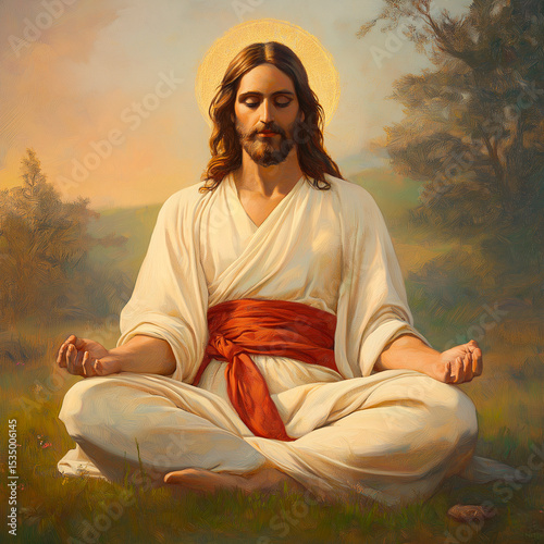 A serene and spiritual painting of Jesus Christ meditating outdoors, seated in the lotus position with hands resting gently in a mudra pose. He wears a flowing white robe with a red sash, and a radian