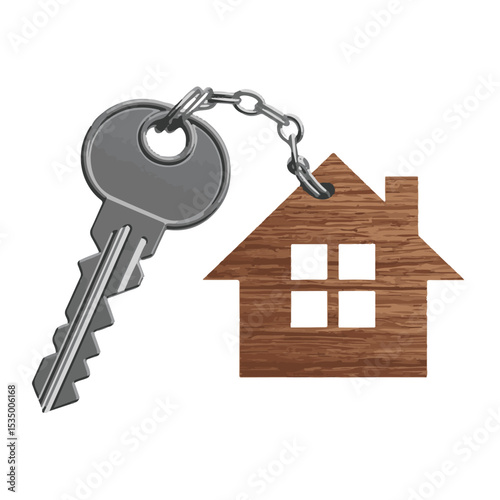 Close-up of a silver house key with a label, symbolizing home security and real estate success