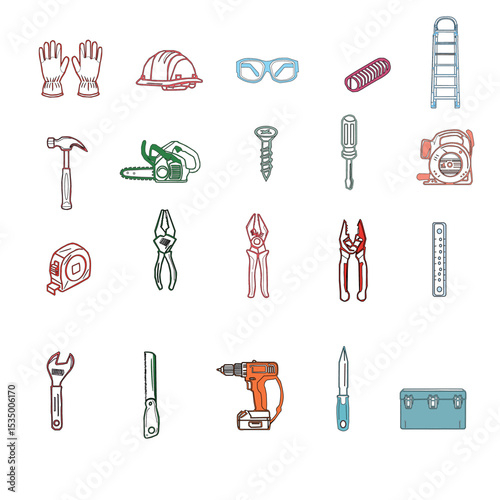 set of tools for construction. A collection of hand tools and power tools. Vector icon set of workshop tools, hand tools, power tools, and safety gear. Set of tools for repair.