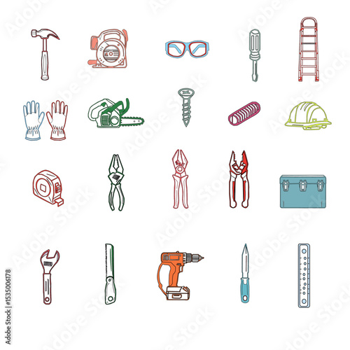 set of tools for construction. A collection of hand tools and power tools. Vector icon set of workshop tools, hand tools, power tools, and safety gear. Set of tools for repair.