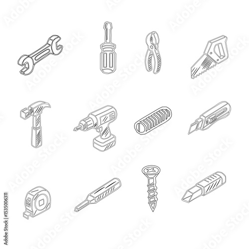 set of tools for construction. A collection of hand tools and power tools. Vector icon set of workshop tools, hand tools, power tools, and safety gear. Set of tools for repair.