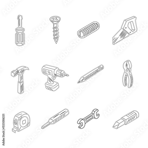 set of tools for construction. A collection of hand tools and power tools. Vector icon set of workshop tools, hand tools, power tools, and safety gear. Set of tools for repair.