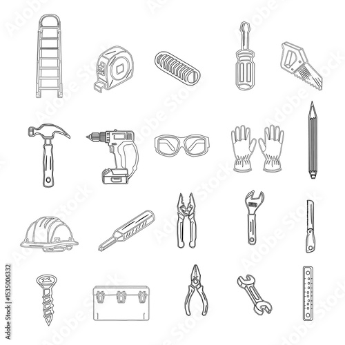 set of tools for construction. A collection of hand tools and power tools. Vector icon set of workshop tools, hand tools, power tools, and safety gear. Set of tools for repair.