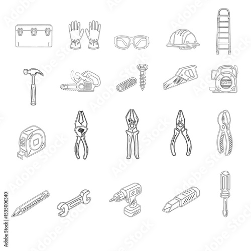 set of tools for construction. A collection of hand tools and power tools. Vector icon set of workshop tools, hand tools, power tools, and safety gear. Set of tools for repair.