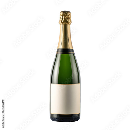 Green glass champagne bottle with a blank label and golden foil top, isolated on a transparent background, ready for custom branding or celebration designs.