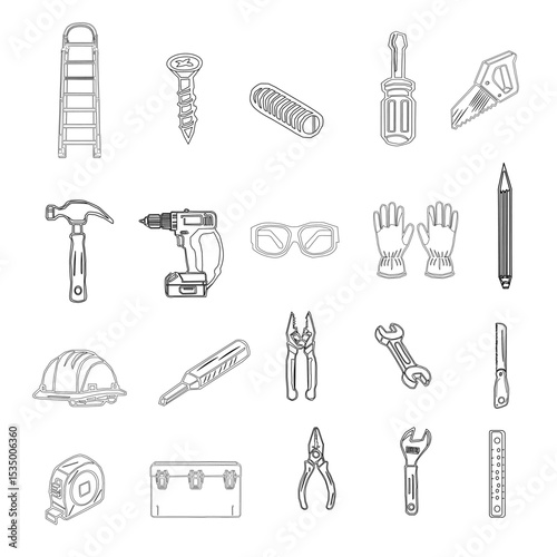 set of tools for construction. A collection of hand tools and power tools. Vector icon set of workshop tools, hand tools, power tools, and safety gear. Set of tools for repair.