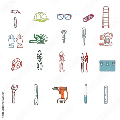 set of tools for construction. A collection of hand tools and power tools. Vector icon set of workshop tools, hand tools, power tools, and safety gear. Set of tools for repair.
