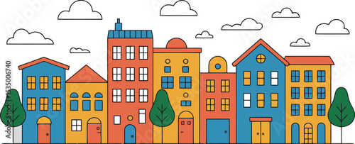 A lively skyline of differently shaped buildings with varying heights and colorful facades is shown in a flat illustration style, accompanied by simple trees and clouds.
