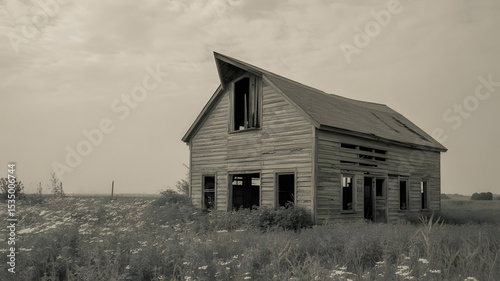 Sepia tone view of an abandoned wooden house with overgrown vegetation outdoors