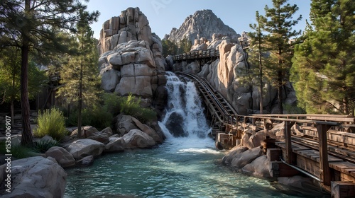 Scenic Waterfall and Roller Coaster in Mountainous Landscape
