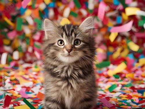 Cute Tabby Kitten Surrounded by Colorful Confetti on Playful Background
