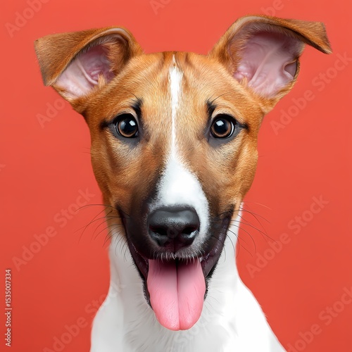 Happy Dog with Floppy Ears Against Vibrant Red Background
