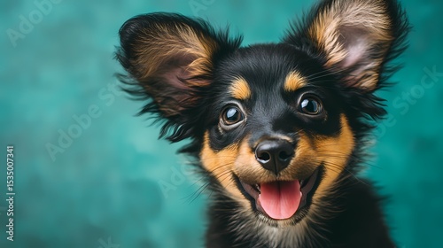 Playful puppy with large ears and happy expression on colorful background