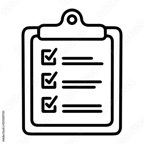 Outline style image depicts a clipboard with a document attached, featuring three square checkboxes containing a checkmark, symbolizing a fully completed, successful checklist or all tasks achieved