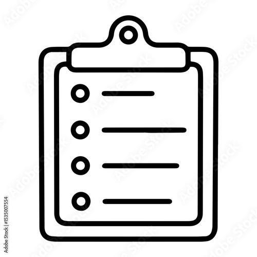 Outline style image depicts a clipboard with a document attached, featuring four lines with empty circular checkboxes, implying a blank list, form, questionnaire. Related to surveys, data collection