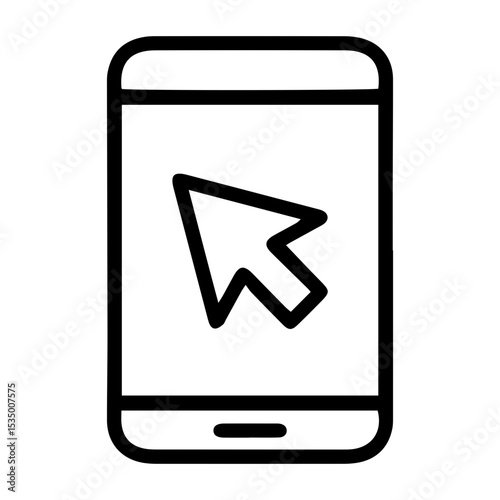 Outline style image depicts a smartphone with an arrow-shaped computer cursor displayed on its screen, symbolizing digital interaction or remote control of a mobile device. Related to remote access