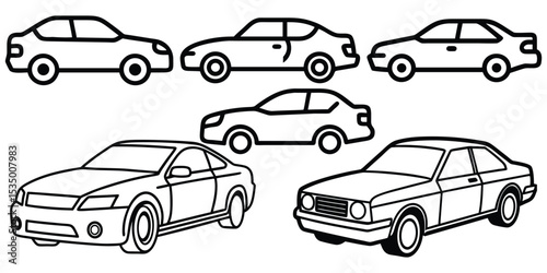Black and White Vector Line Art of Cars Doodle Icon Set