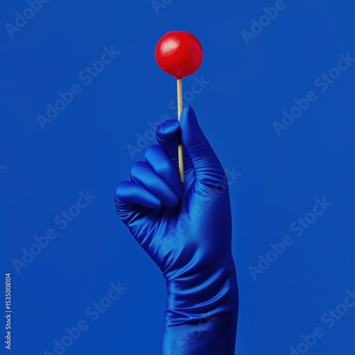 Hand in blue glove holding red lollipop