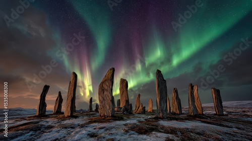 Green and violet aurora curtains glowing above an ancient stone circle on a frosty tundra plain