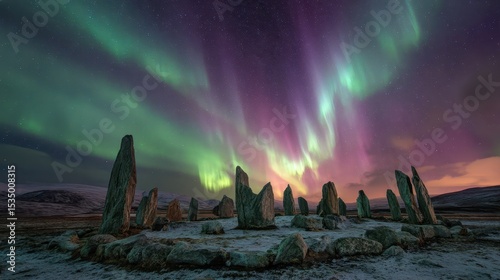 Green and violet aurora curtains glowing above an ancient stone circle on a frosty tundra plain