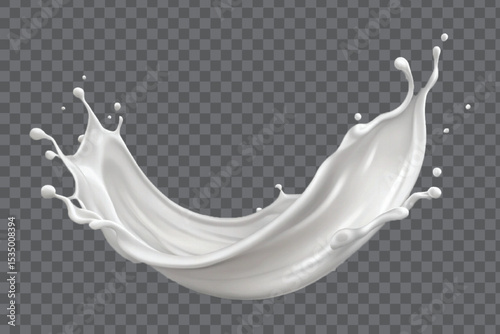 realistic 3d white  liquid milk splash with drops in curve style isolated on transparent background