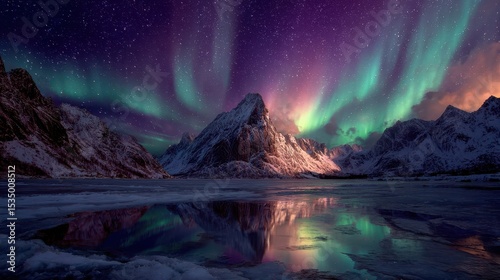 Vibrant aurora borealis swirling above a remote snowy mountain peak, reflecting in the icy lake below 
