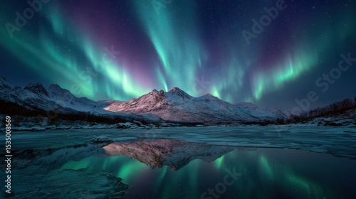 Vibrant aurora borealis swirling above a remote snowy mountain peak, reflecting in the icy lake below 